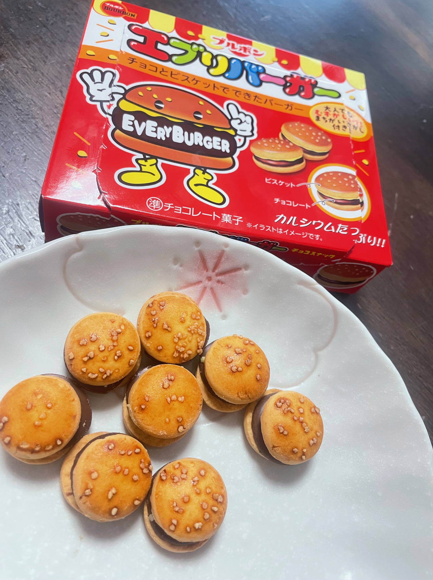 Bourbon Every Burger Japanese chocolate snack with packaging and mini burger-shaped chocolates on a plate