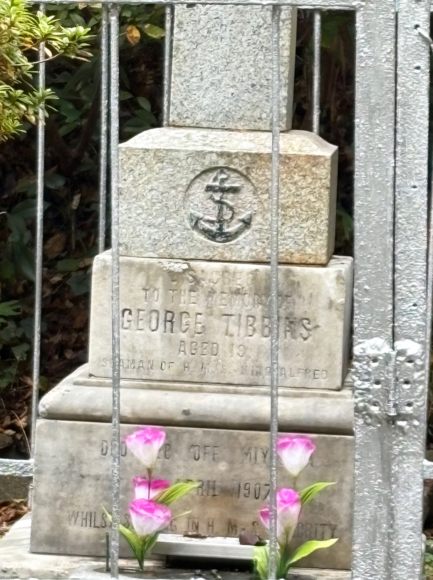 Grave of George Tibbins, a 19-year-old British sailor, at Kure Naval Cemetery in Hiroshima, Japan, protected by a metal cage and maintained by volunteers.